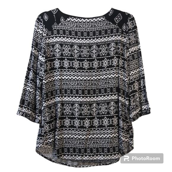 Cato Black & White Aztec Black Embroidered Fringe Stripe Long Sleeve Blouse M - Picture 2 of 7
